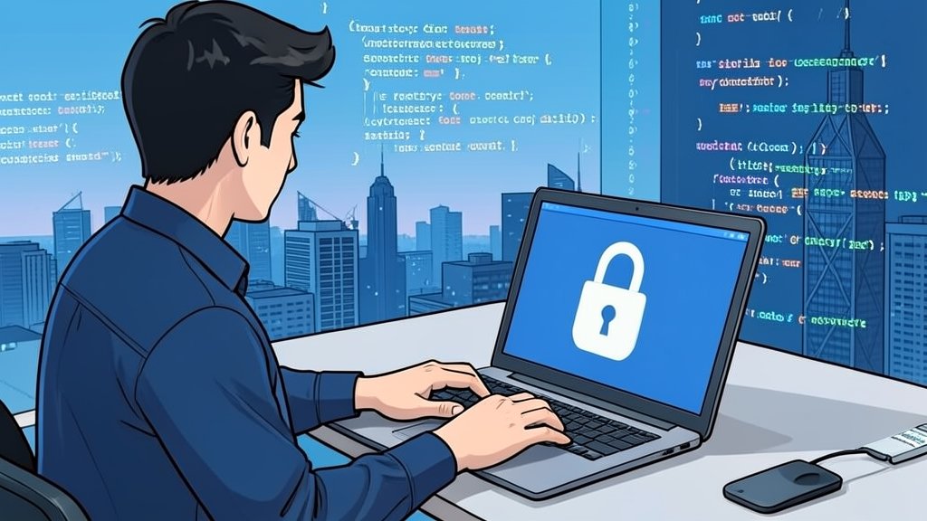 A detailed illustration of a person working on a laptop with a secure lock icon on the screen, surrounded by coding snippets and a cityscape in the background, highlighting the importance of cybersecurity in daily life.