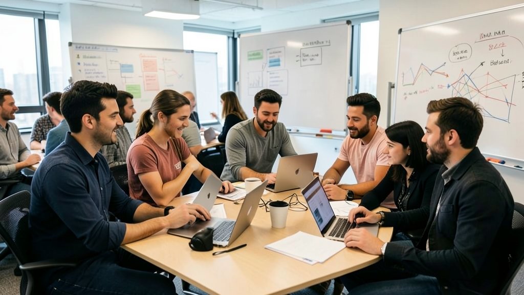 A photo of a diverse team of entrepreneurs and developers working together in a modern office space, with laptops and whiteboards in the background, symbolizing collaboration and innovation.
