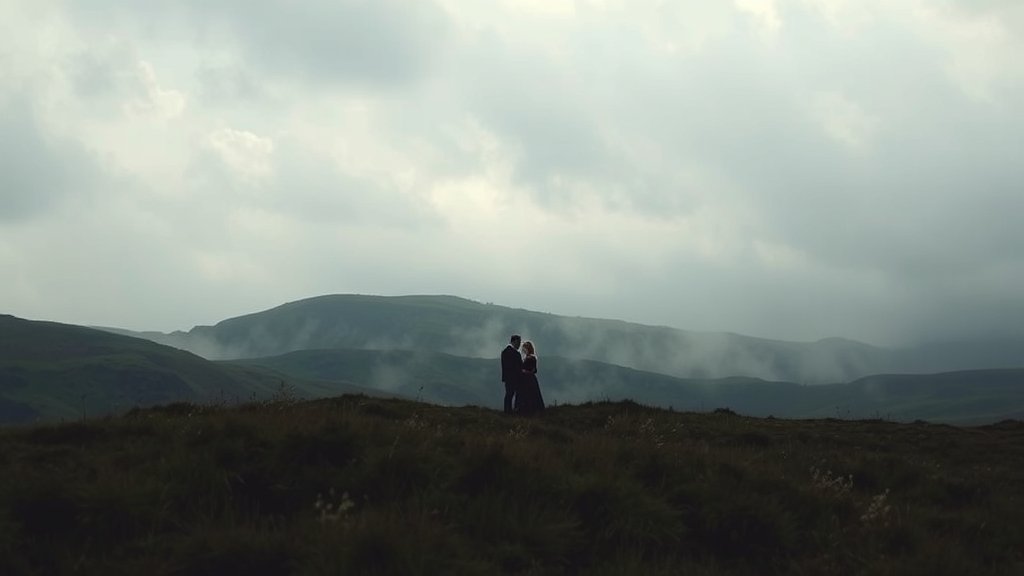 A dramatic image of the moors with a couple in the distance, symbolizing the tumultuous relationship between Catherine and Heathcliff in Wuthering Heights