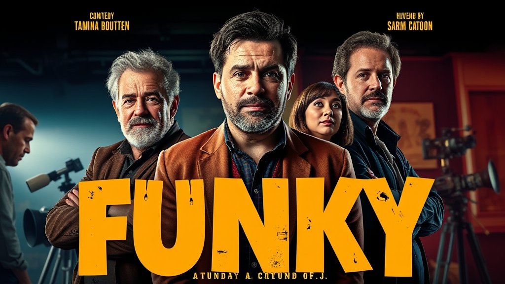 A poster of the movie Funky with the lead actors and director, with a background of a film set and a hint of comedy and drama.