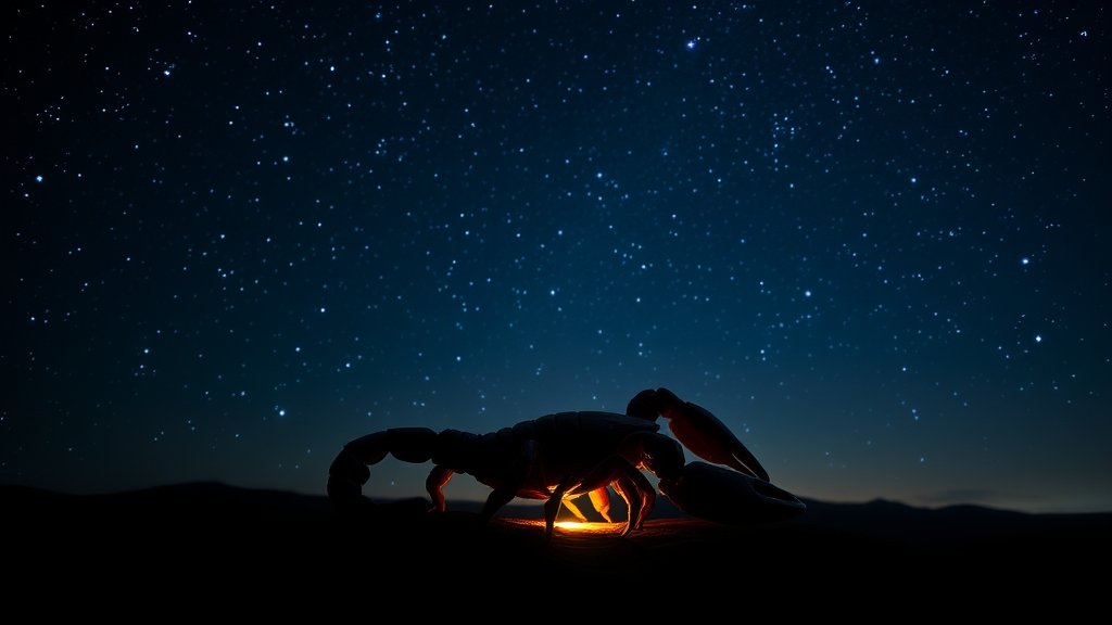 A serene and mystical image of a scorpion under a starry night sky, with a subtle glow of balance and focus surrounding it.