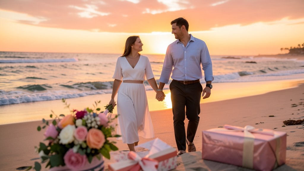A couple holding hands and walking together on a beach at sunset, with a bouquet of flowers and a gift box in the foreground.