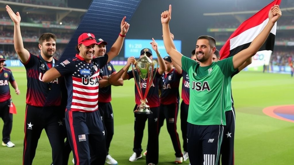 An image of the USA and UAE cricket teams celebrating their victories in the T20 World Cup, with a stadium or cricket field in the background.