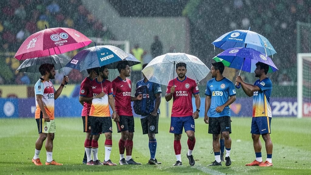 A photo of the India vs Pakistan T20 World Cup match with a rainy background and players holding umbrellas