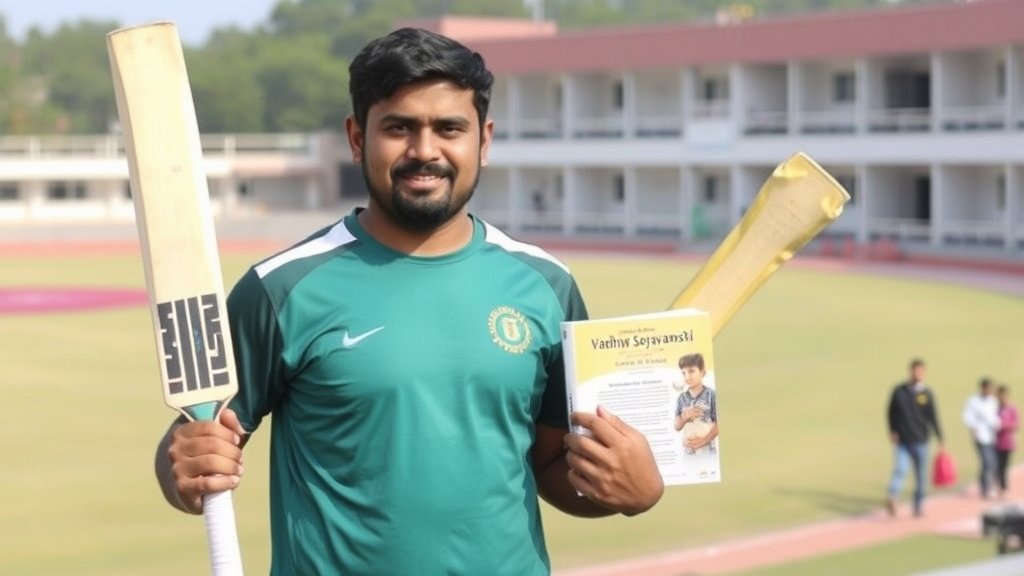 A photo of Vaibhav Sooryavanshi holding a cricket bat and a book, with a background of a cricket stadium and a school building.