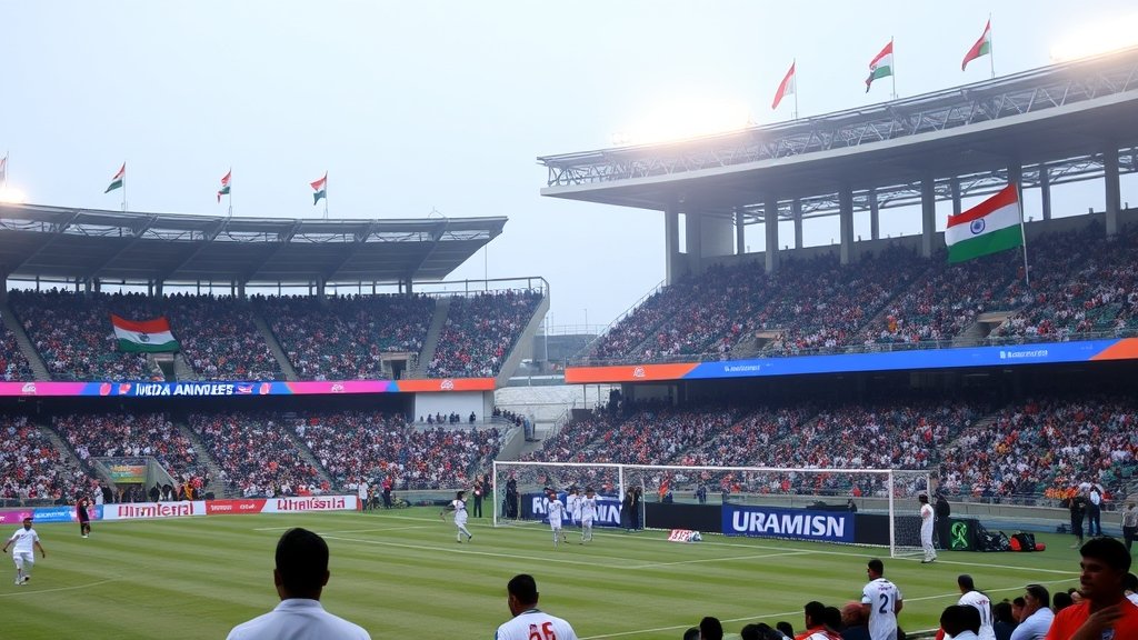 A photo of a packed stadium with football players in action, with a hint of Indian culture and flags in the background