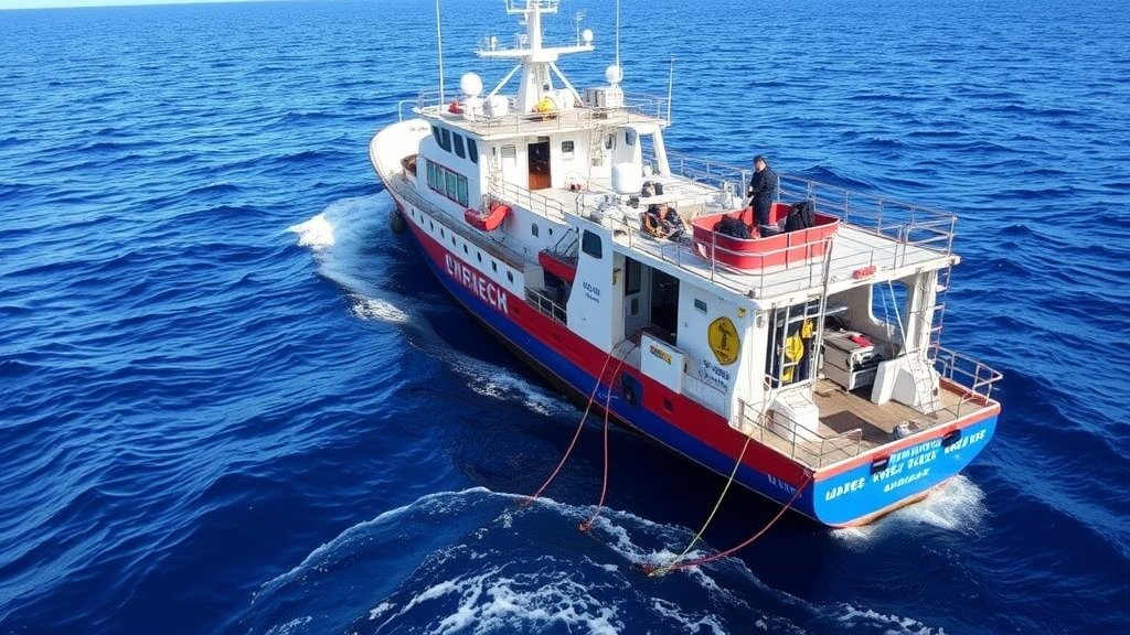 A photograph of a research vessel in the middle of the ocean, with scientists collecting water samples and deploying equipment to study the coastal ecosystem.