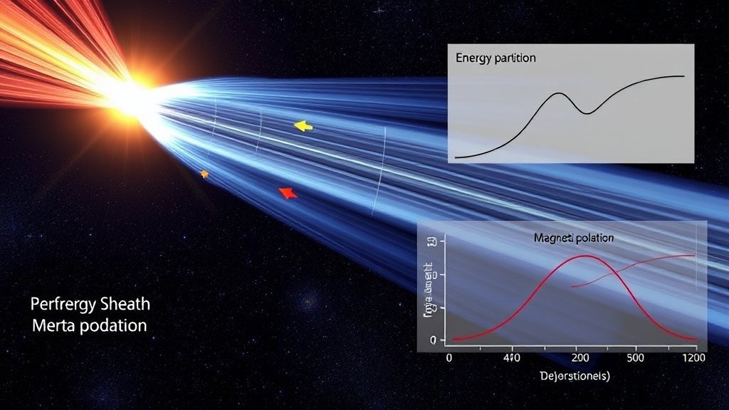 An illustration of a collisionless shock wave in space, with arrows representing the flow of plasma and magnetic field lines, and a graph showing the energy partition between different components.