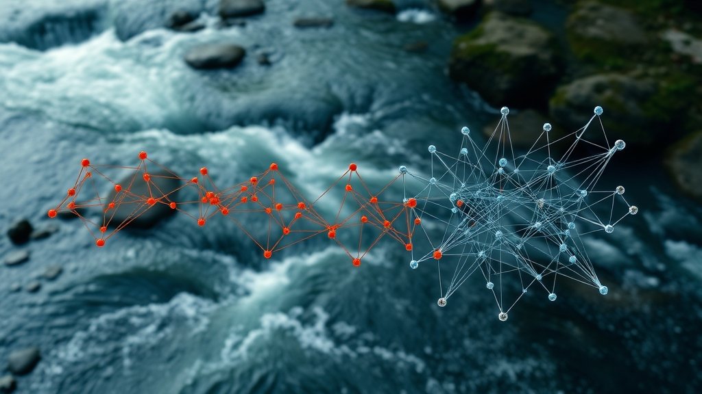 A detailed illustration of a neural network replacing conceptual hydrological laws, with a background of a river flow or a hydrological system, incorporating elements of physics and artificial intelligence.