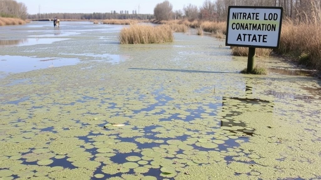 A photograph of a polluted river with a visible layer of algae and a signboard warning about nitrate contamination in the background.