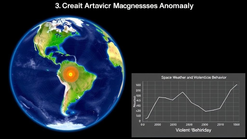 A visualization of the South Atlantic Magnetic Anomaly, with a map of the Earth showing the area affected by the anomaly, and a graph illustrating the relationship between space weather and violent behavior.