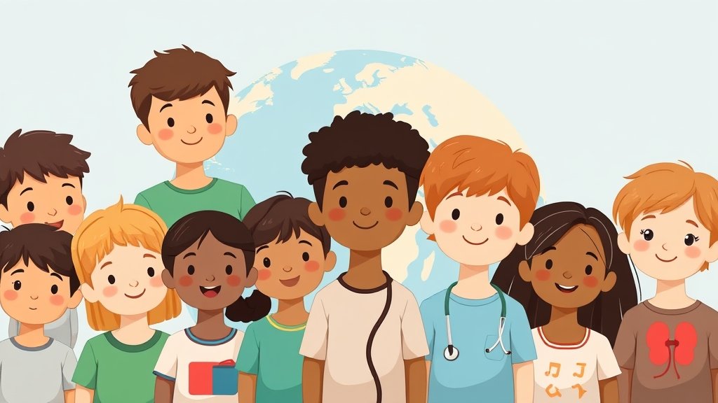 A illustration of a diverse group of children from different parts of the world, with a subtle background of a globe, highlighting the global aspect of the issue, and a few subtle medical elements such as a stethoscope or a kidney symbol to represent the health aspect.