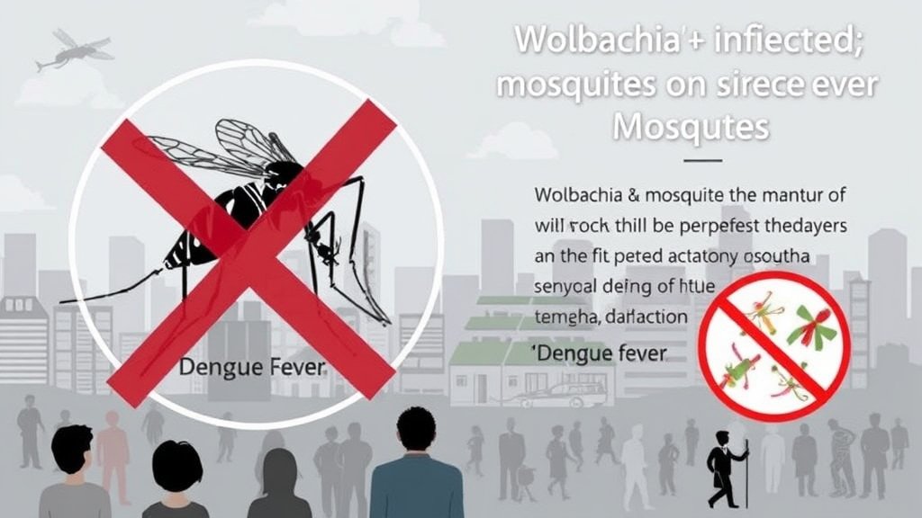 An illustration of a mosquito with a red X marked through it, surrounded by a cityscape with people in the background, highlighting the impact of Wolbachia-infected mosquitoes on dengue fever.