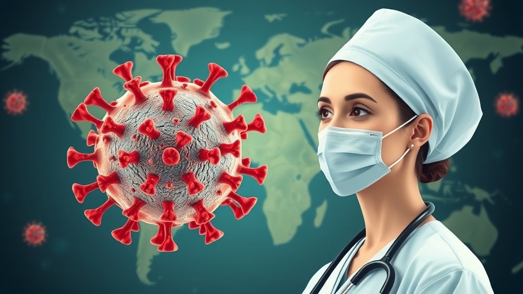 A medical illustration of the mpox virus, with a background of a globe showing the spread of the disease, and a doctor or nurse in the foreground, highlighting the importance of vaccination and prevention.