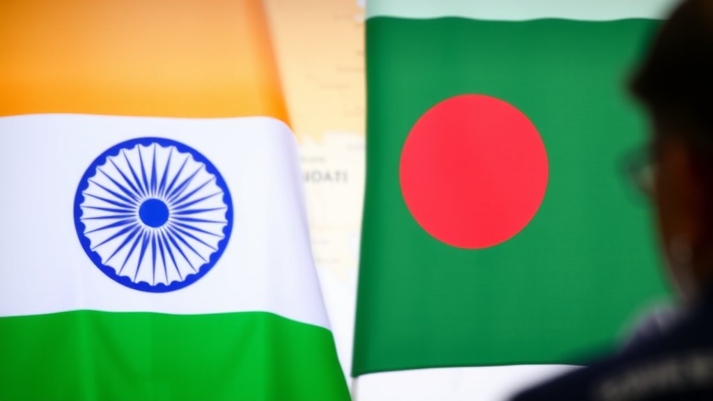 A photo of the Indian and Bangladeshi flags side by side with a subtle background of a map showing the border between the two countries, with a faint image of a person in the foreground looking concerned.