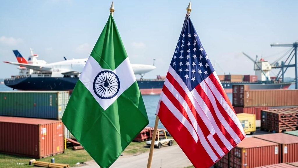 A photograph of Indian and American flags side by side, with a background of trade-related items such as containers, ships, or cargo planes, symbolizing the partnership between the two nations.