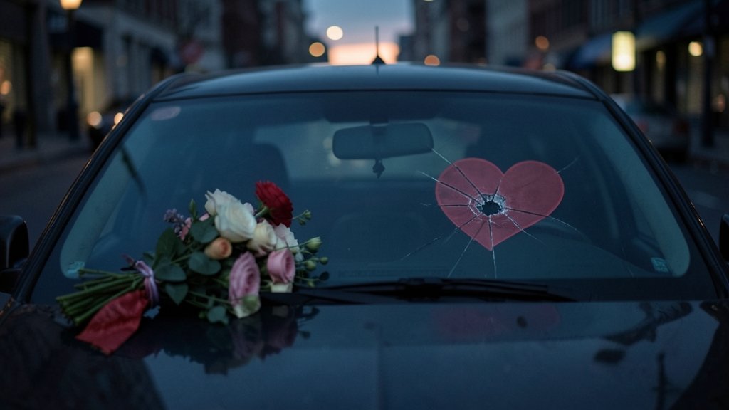 A somber and respectful image of a locked car with a bouquet of flowers and a broken heart symbol on the windshield, set against a blurred background of a city street at dusk, conveying the tragic loss of two young lives.