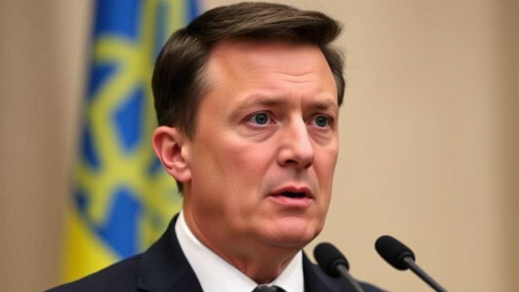 A photo of Ukrainian President Volodymyr Zelenskiy speaking at a press conference with a serious expression, with a flag of Ukraine in the background.