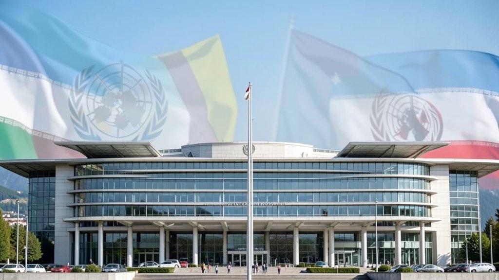 A photo of the United Nations headquarters in Geneva, Switzerland, with a subtle background of Iranian and Ukrainian flags, symbolizing the diplomatic talks between the two nations.