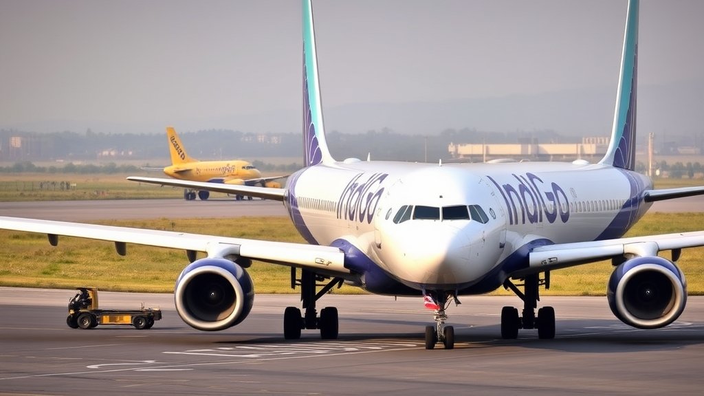 A photo of an IndiGo Airlines plane on the runway with a bomb squad in the background, highlighting the security measures in place.