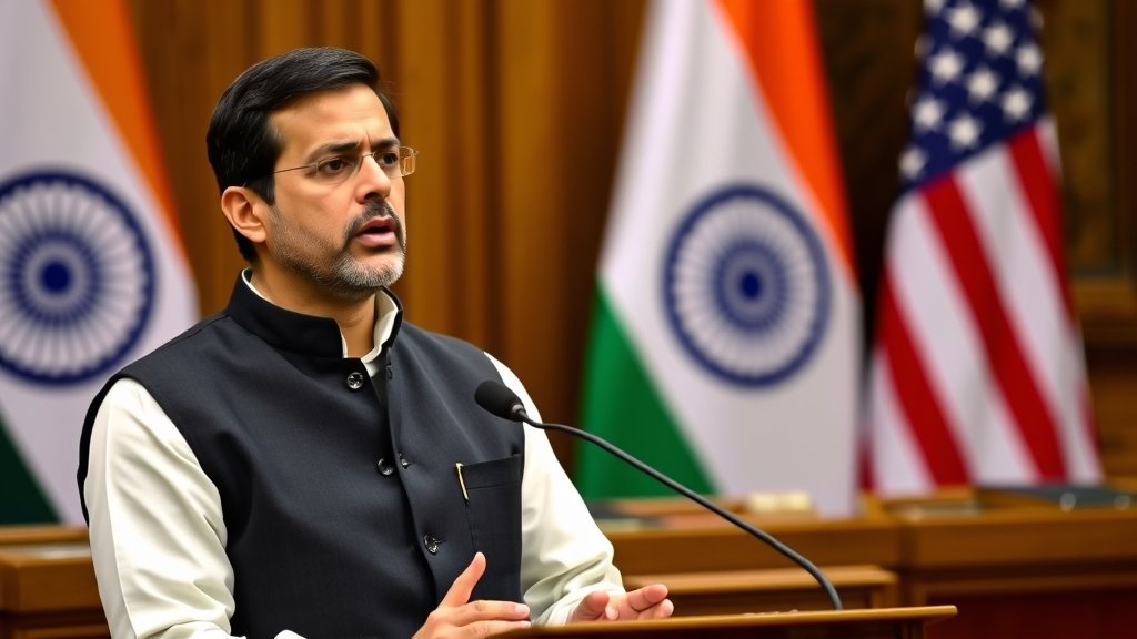 A photograph of Rahul Gandhi speaking in parliament with a background image of the Indian and American flags, symbolizing the trade agreement between the two countries