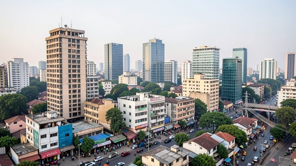 A photo of a modern cityscape in India with a mix of old and new buildings, highlighting the need for urban development and infrastructure growth.
