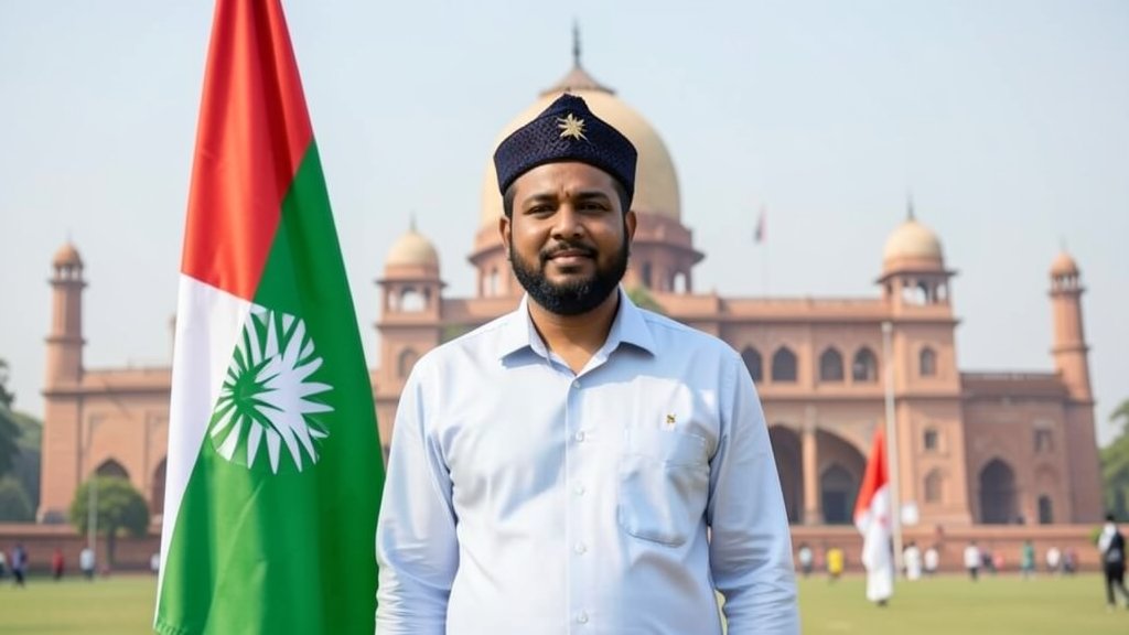 A photo of Tarique Rahman standing in front of the Bangladeshi flag, with a subtle background of the Bangladeshi parliament building, symbolizing the new cabinet taking oath.