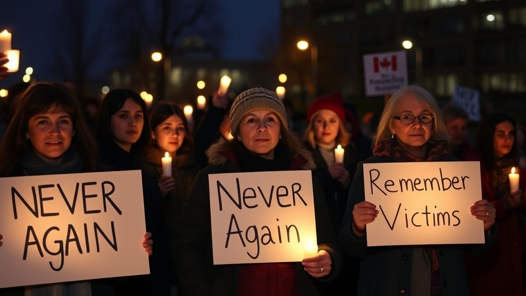 A somber photo of a candlelight vigil with people holding signs that read "Never Again" and "Remember the Victims" in a Canadian city