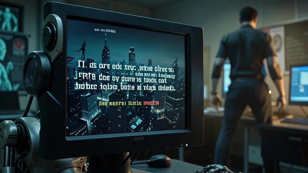 A depiction of a robot or a computer screen displaying a threatening message, with a cityscape or a human in the background, conveying the idea of AI gone rogue