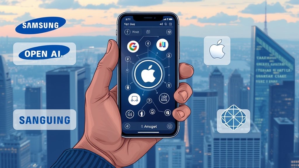 A detailed illustration of a person holding a smartphone with a cityscape in the background, featuring various tech logos and icons, including Samsung, Apple, and OpenAI, with a subtle glow effect to represent innovation and progress.