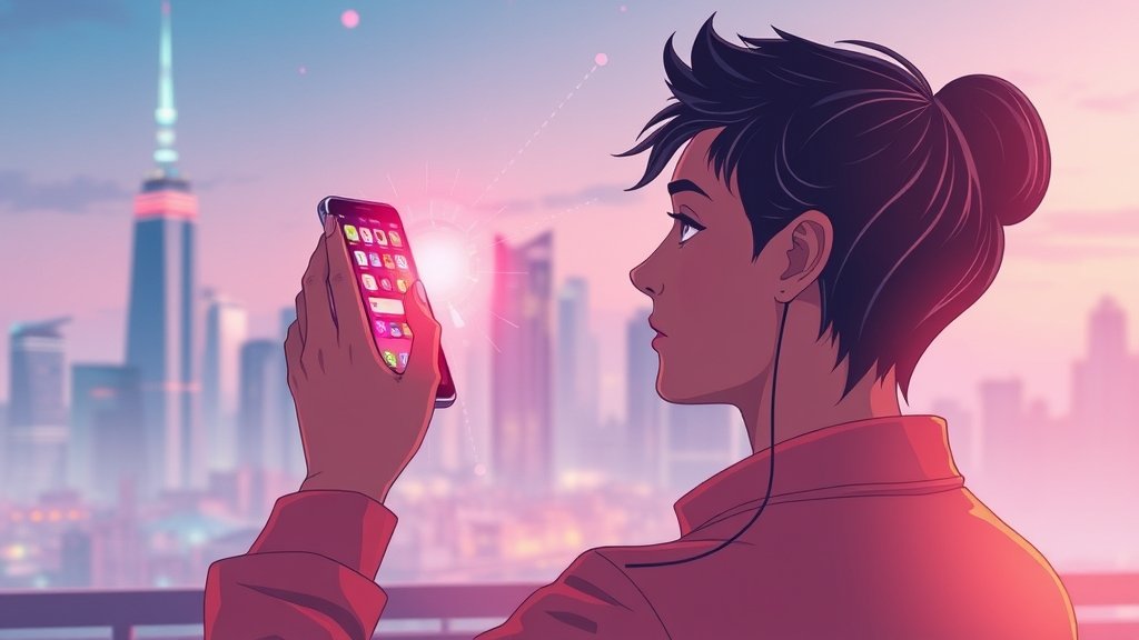 A futuristic illustration of a person using a foldable smartphone, with a cityscape in the background and a faint glow of innovation surrounding the device