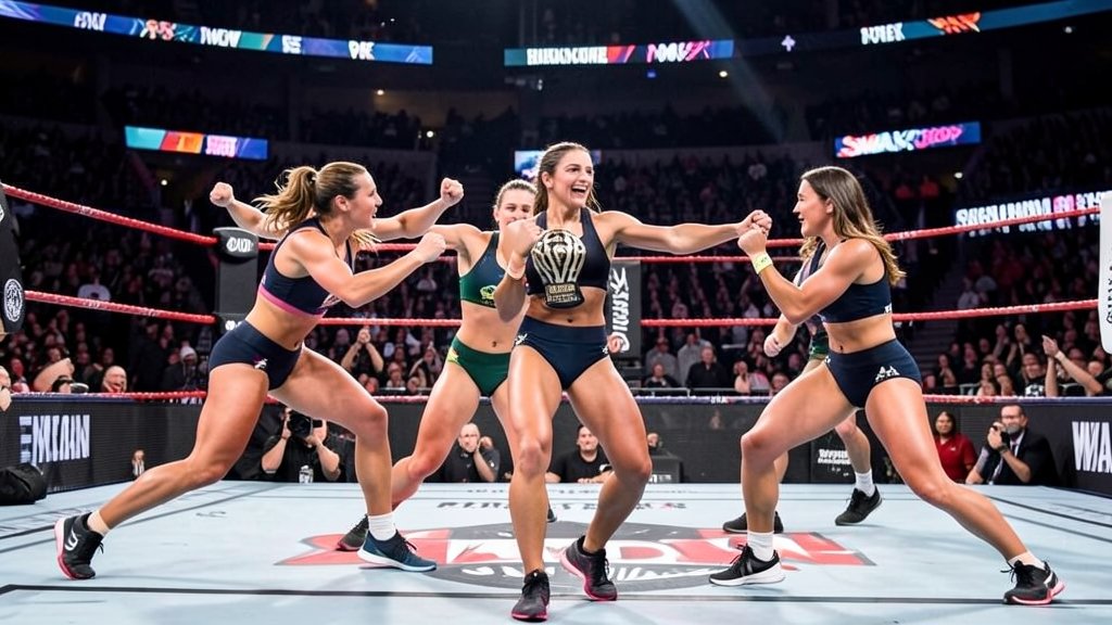 A high-energy image of a WWE SmackDown match with a focus on the women's championship title and the wrestlers in action