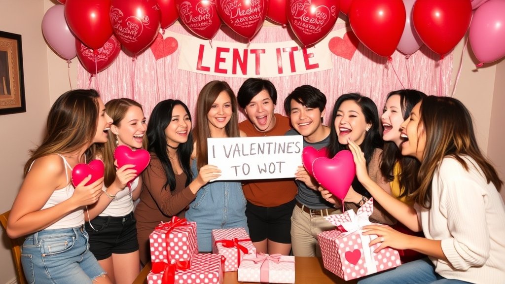 A group of friends celebrating Anti-Valentine's Day with a funny and creative party theme, surrounded by balloons, gifts, and laughter.