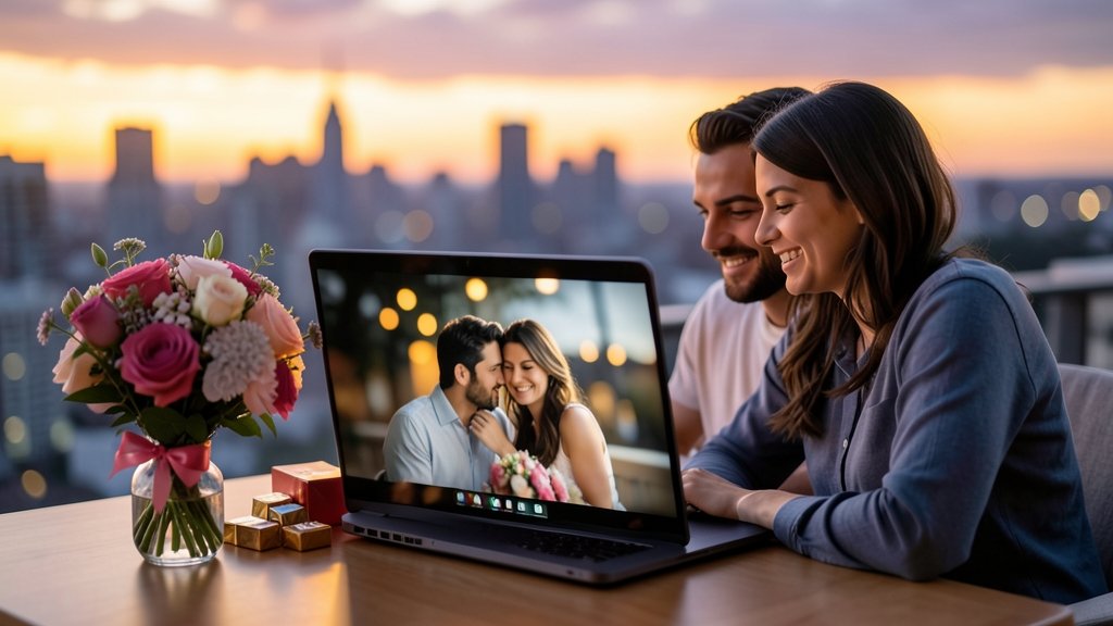 A couple watching a romantic movie on a laptop with a bouquet of flowers and chocolates on the side, with a blurred background of a cityscape at sunset.