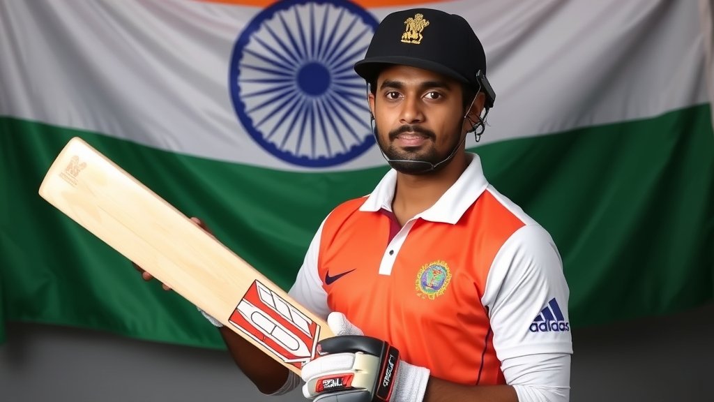 A photo of Abhishek Sharma in cricket gear, holding a bat and standing in front of an Indian flag, with a determined expression on his face.
