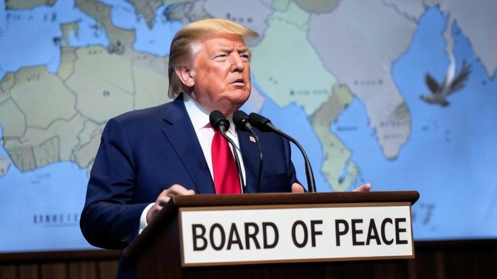 A photo of Donald Trump standing in front of a podium with a sign that reads "Board of Peace" and a map of the Middle East in the background, with a subtle hint of a dove or an olive branch symbolizing peace.