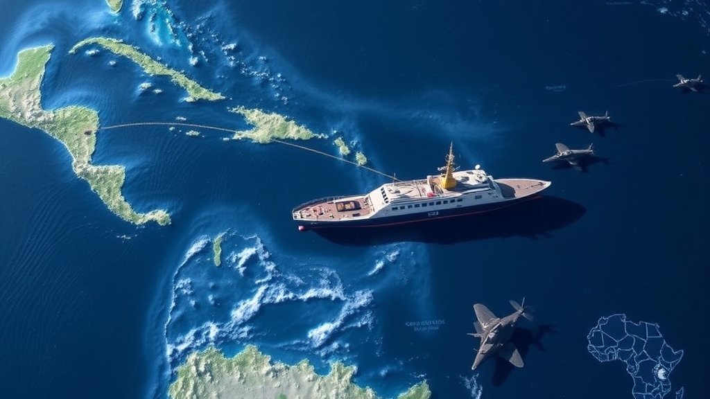 A photo of the Venezuelan ship Veronica III being intercepted by US forces in the Indian Ocean, with a subtle background of a map showing the route from the Caribbean to the Indian Ocean.