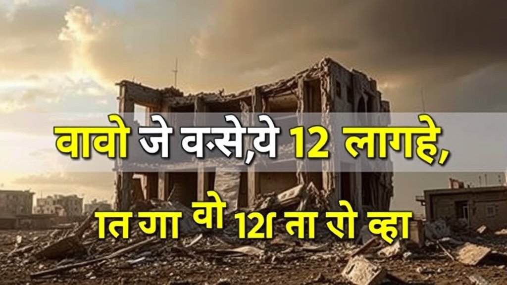 A dramatic image of a destroyed building in Gaza with a bold headline overlay in Hindi, reading "गाजा में इस्राइली हवाई हमले, 12 लोगों की मौत"