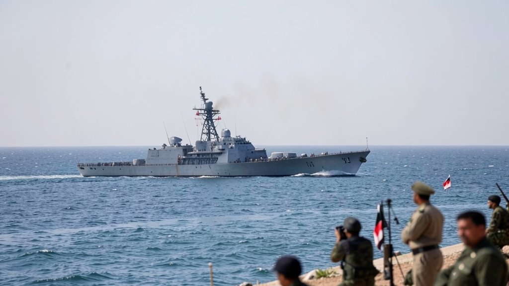 A photo of a US warship sailing near Iranian waters, with a subtle background of Iranian military personnel watching from the shore