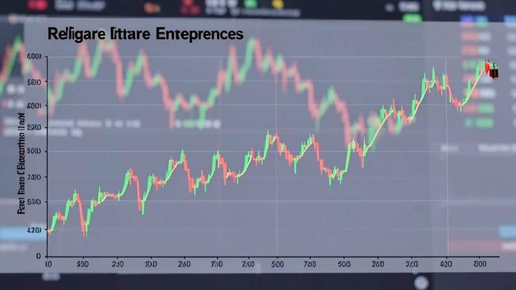A graph showing the fluctuation of Religare Enterprises' share price with a background image of a stock market screen