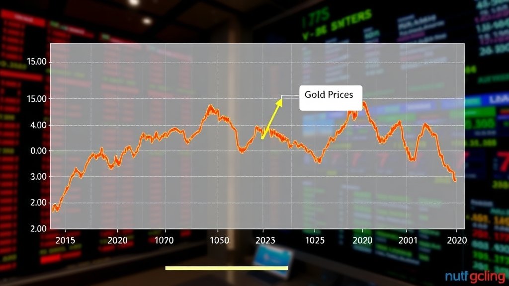 A graph showing the fluctuation of gold prices in relation to US labour data and stock market volatility, with a background image of a stock market trading floor.
