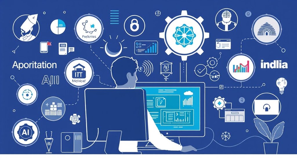 An illustration of a person working on a computer with AI-powered tools and Indian IT industry logos in the background, symbolizing the integration of AI in the Indian IT sector.