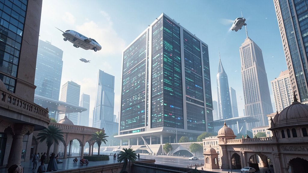 A futuristic cityscape with a large data center in the background, surrounded by skyscrapers and flying cars, with a subtle Indian architectural influence.