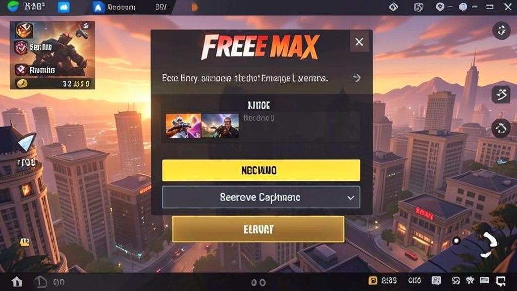 A screenshot of the Free Fire MAX game with a redeem code being entered, with a background of a cityscape at sunset.