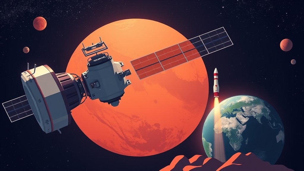 An illustration of a Mars Telecommunications Orbiter in space, with the planet Mars in the background and a rocket launching from Earth in the foreground.
