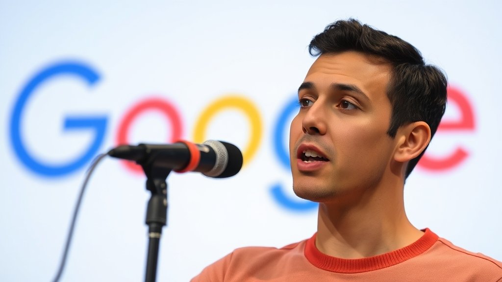 A person speaking in front of a microphone with a Google logo in the background, with a subtle hint of a copyright or theft symbol