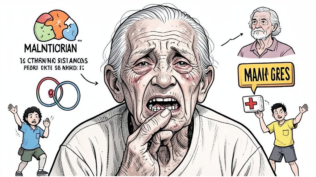 a detailed illustration of an elderly person with frailty and poor oral health, surrounded by symbols of malnutrition and healthcare support