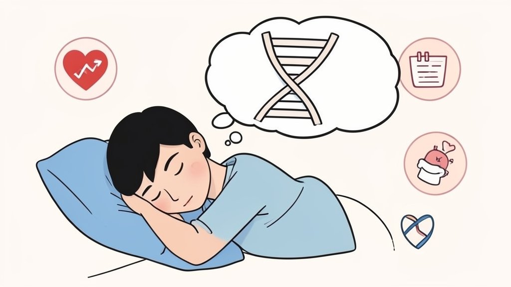 An illustration of a person sleeping with a thought bubble showing a DNA double helix, surrounded by icons representing heart health, weight, and sleep quality.