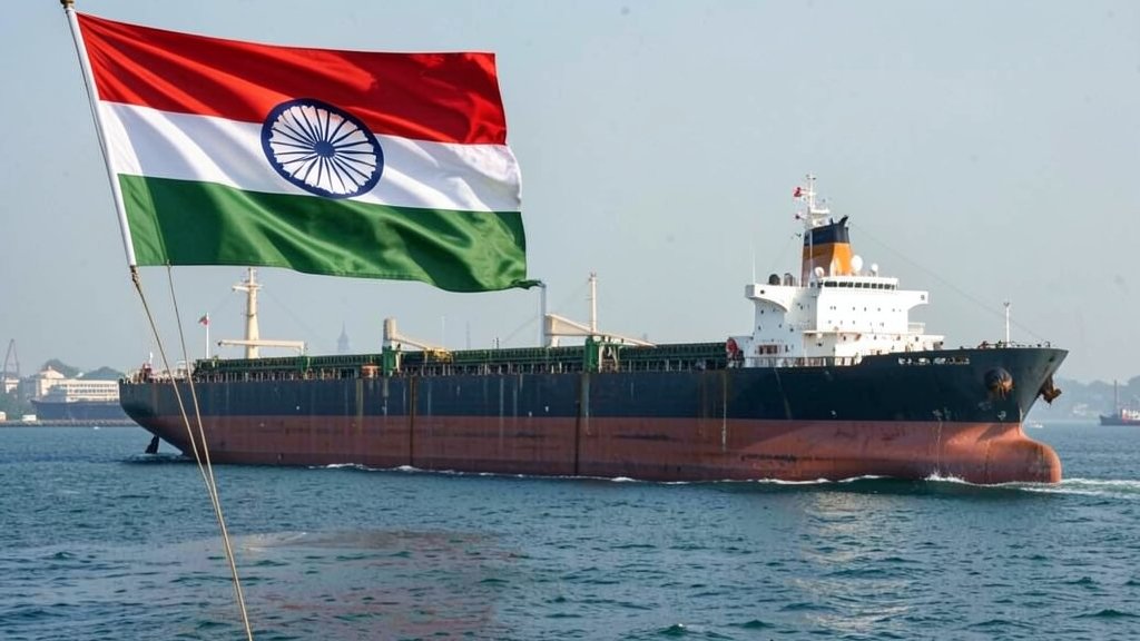 A photo of an oil tanker in the Mumbai coast with the Indian flag in the background, symbolizing the country's seizure of the vessel.