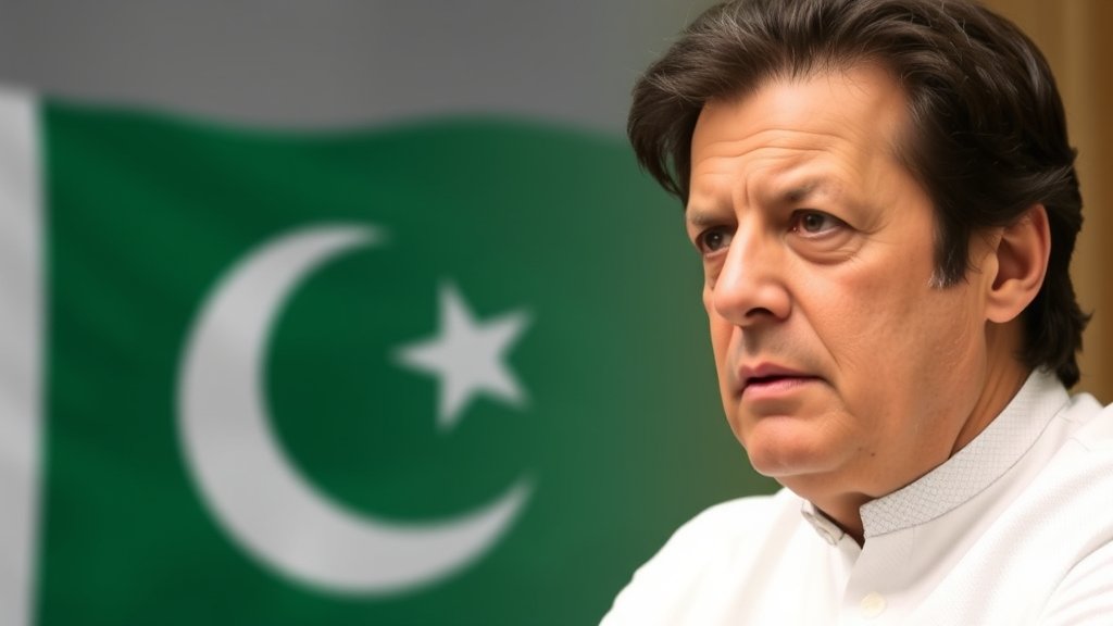 A photo of Imran Khan with a subtle background of a Pakistani flag and a medical symbol, conveying a sense of concern and health issues.